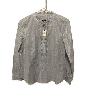 NWT PP Talbots Blue Striped Ruffle-Trim Cotton Metallic Blend Blouse Petite